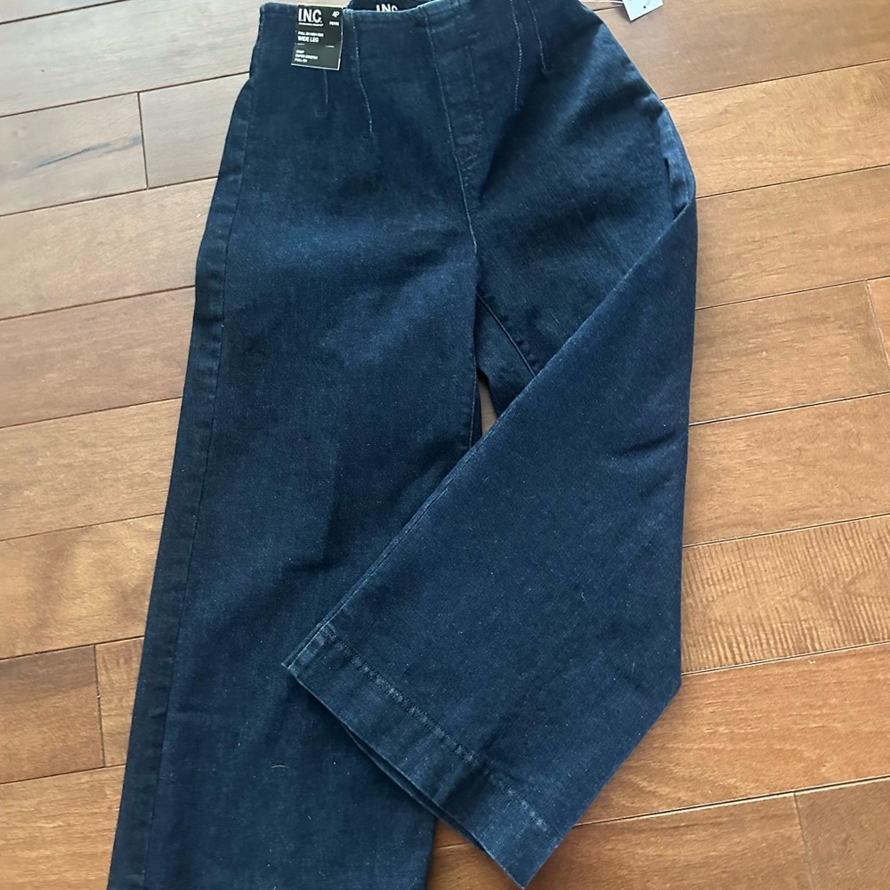 New I.N.C Pull-On, High Rise, Wide-Leg Crop Dark Blue Petite Jeans Pants Size 4P